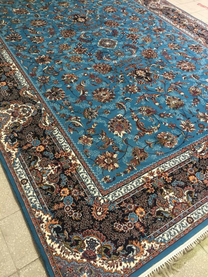 فرش کاشان طرح افشان آبی فیروزه ای 700 شانه تراکم 2550