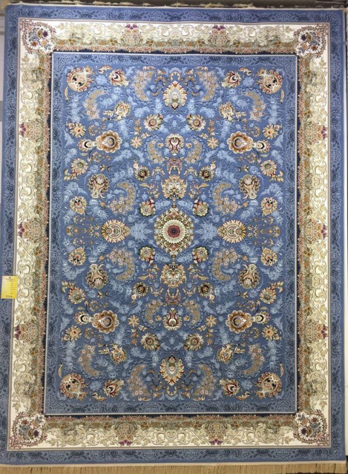 فرش کاشان طرح افشان آبی فیروزه ای ۱۲۰۰ شانه تراکم ۳۶۰۰