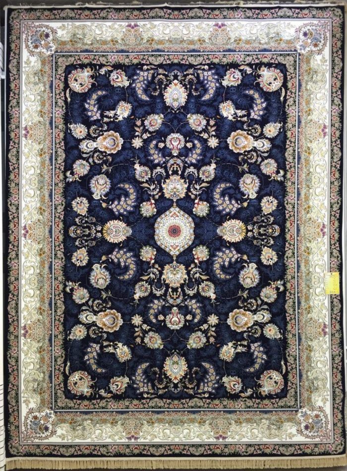 فرش کاشان طرح افشان سرمه ای ۱۲۰۰ شانه تراکم ۳۶۰۰