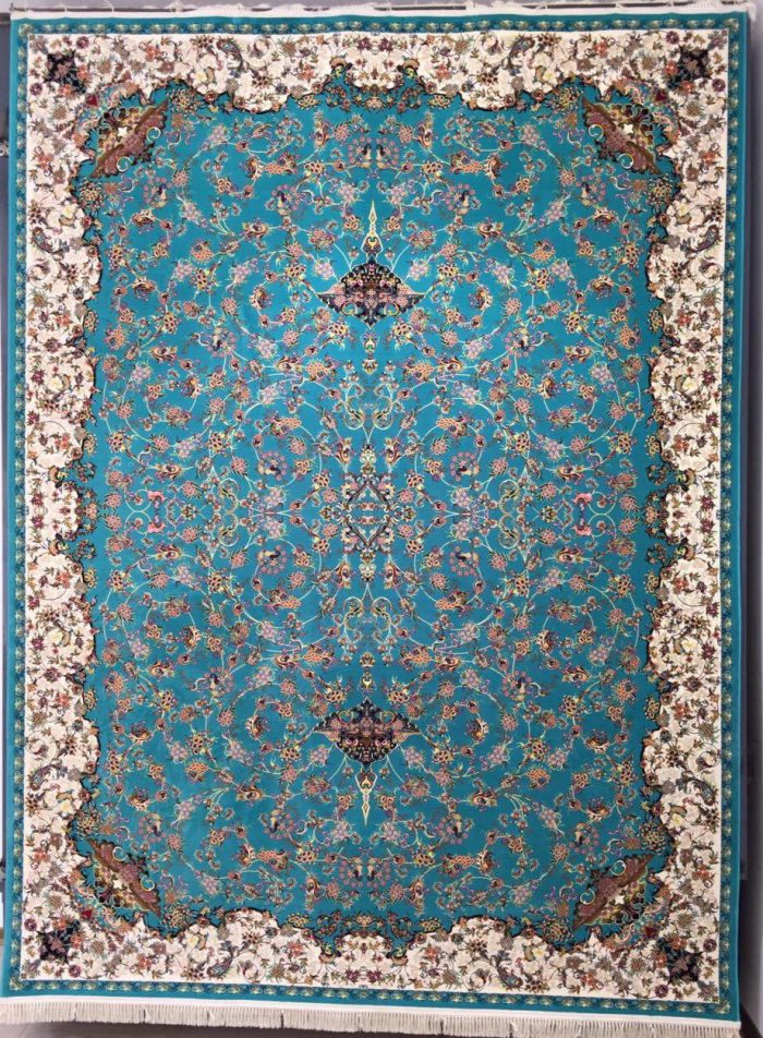 فرش کاشان طرح افشان آبی فیروزه ای ۱۲۰۰ شانه تراکم ۳۶۰۰